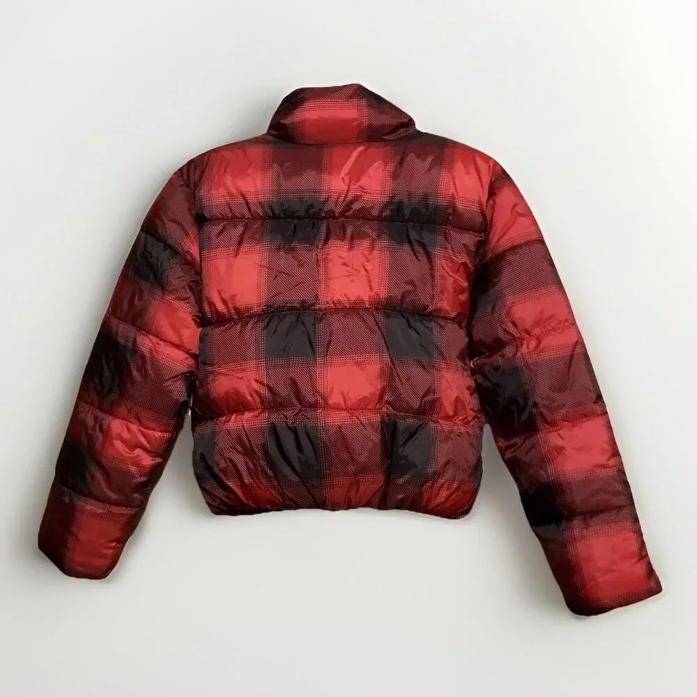 Old Navy Black Red Buffalo Plaid Check Girls XL 14-16 Cropped Puffer Jacket Coat - Picture 2 of 3
